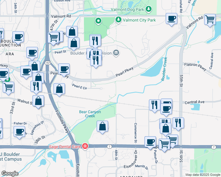 map of restaurants, bars, coffee shops, grocery stores, and more near 4999 Pearl East Circle in Boulder