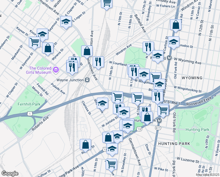 map of restaurants, bars, coffee shops, grocery stores, and more near 1837 West Cayuga Street in Philadelphia