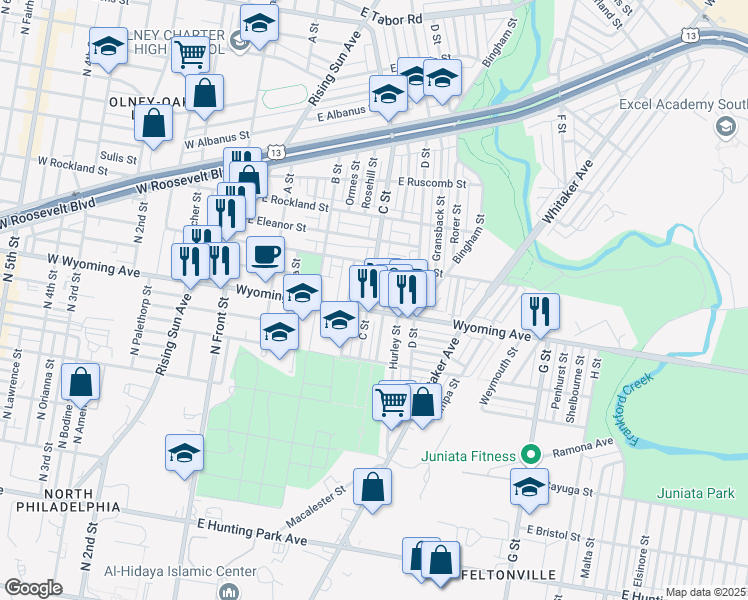 map of restaurants, bars, coffee shops, grocery stores, and more near 4715 C Street in Philadelphia