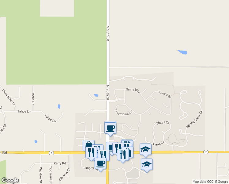 map of restaurants, bars, coffee shops, grocery stores, and more near 2587 Ginny Way in Lafayette