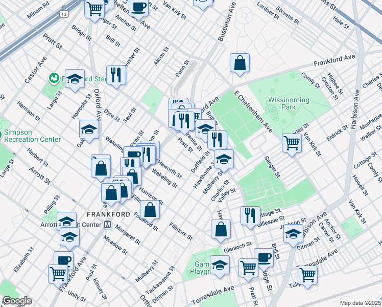 map of restaurants, bars, coffee shops, grocery stores, and more near 1650 Pratt Street in Philadelphia