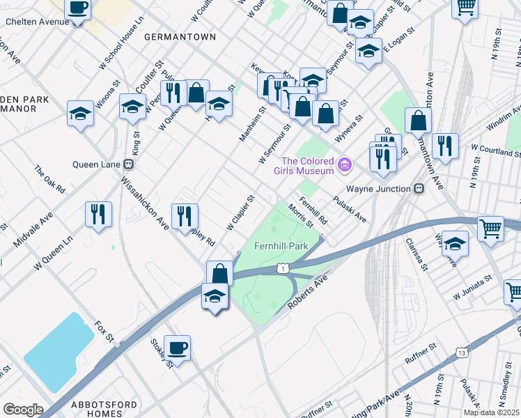 map of restaurants, bars, coffee shops, grocery stores, and more near 427 West Abbottsford Avenue in Philadelphia