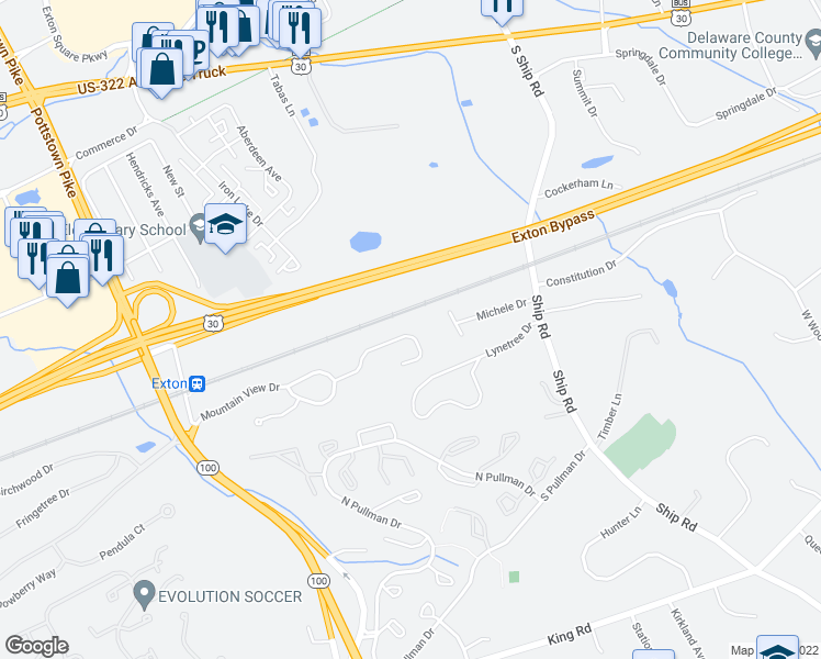 map of restaurants, bars, coffee shops, grocery stores, and more near 241 Tall Pines Drive in West Chester