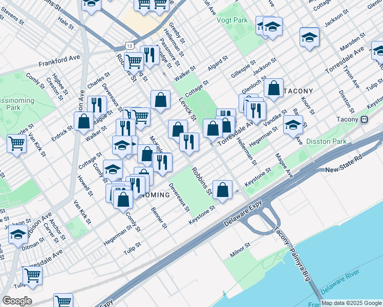map of restaurants, bars, coffee shops, grocery stores, and more near 6315 Marsden Street in Philadelphia