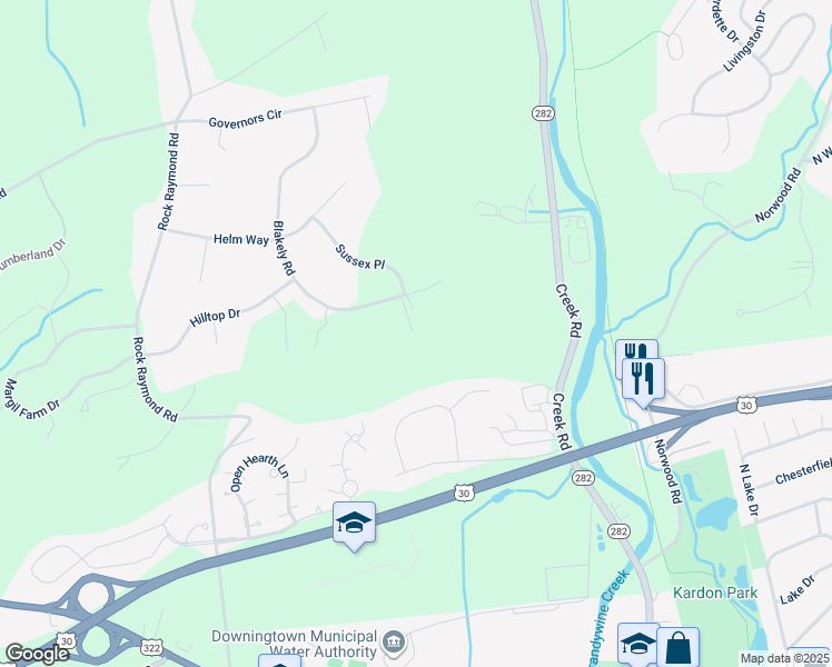 map of restaurants, bars, coffee shops, grocery stores, and more near 40 Blakely Road in Downingtown