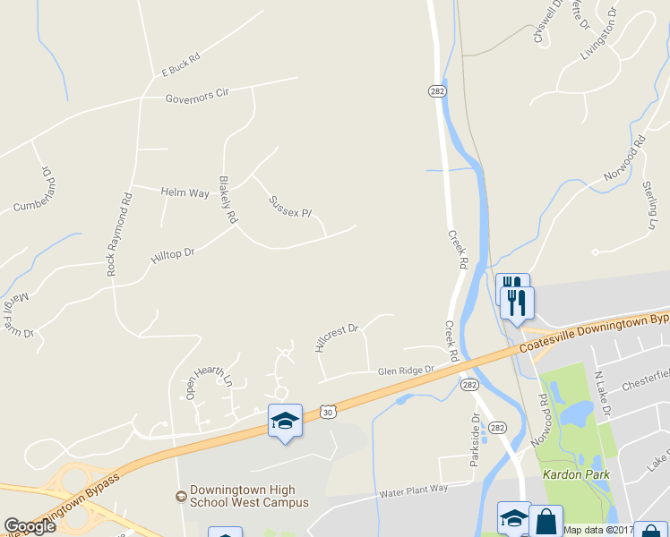 map of restaurants, bars, coffee shops, grocery stores, and more near 40 Blakely Road in Downingtown