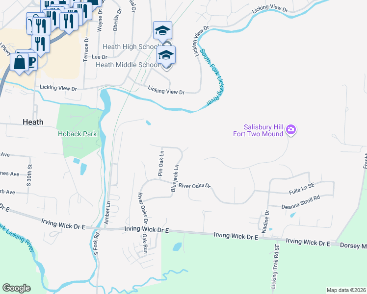 map of restaurants, bars, coffee shops, grocery stores, and more near 302 English Oaks Court in Heath