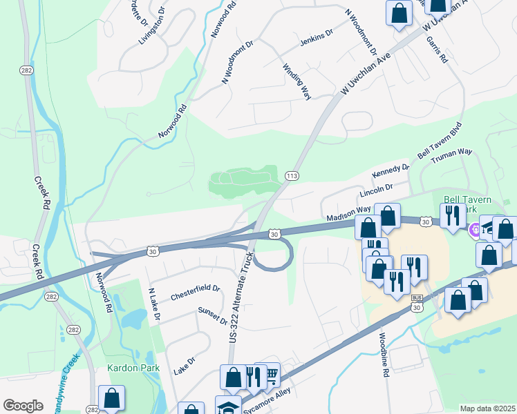 map of restaurants, bars, coffee shops, grocery stores, and more near 24 Norwood House Road in Downingtown