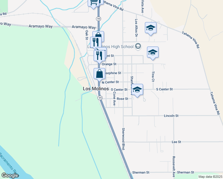 map of restaurants, bars, coffee shops, grocery stores, and more near 25132-25162 S Center St in Los Molinos