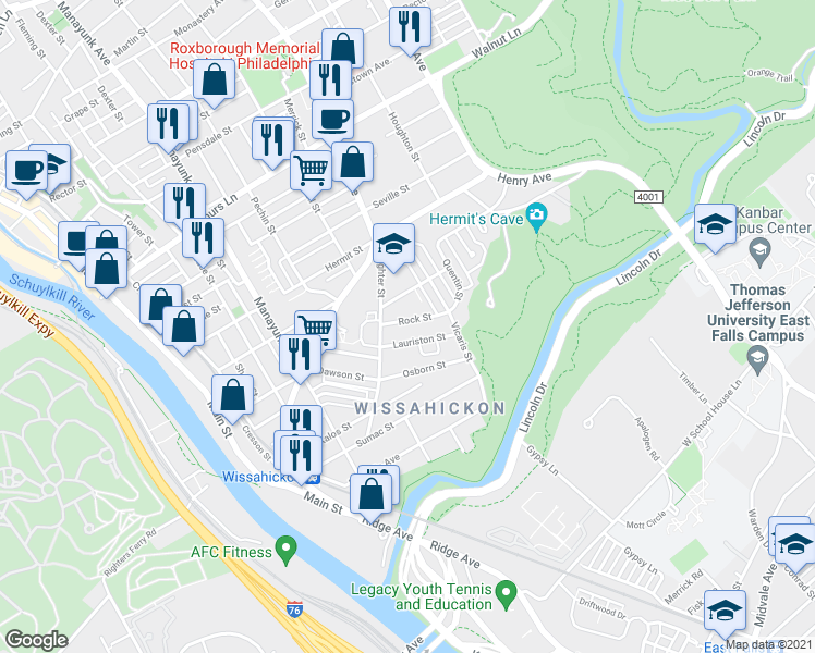 map of restaurants, bars, coffee shops, grocery stores, and more near 224 Rock Street in Philadelphia