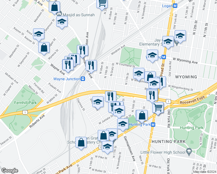 map of restaurants, bars, coffee shops, grocery stores, and more near 4409 North Gratz Street in Philadelphia