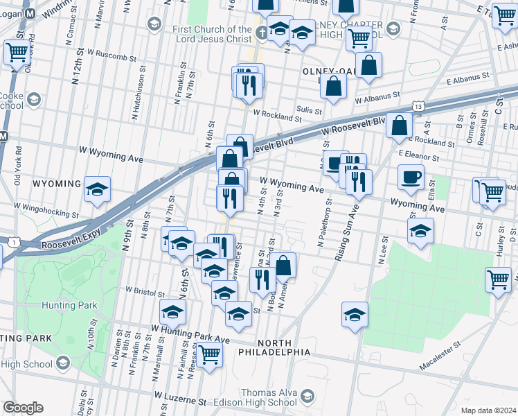 map of restaurants, bars, coffee shops, grocery stores, and more near 3713 North 17th Street in Philadelphia