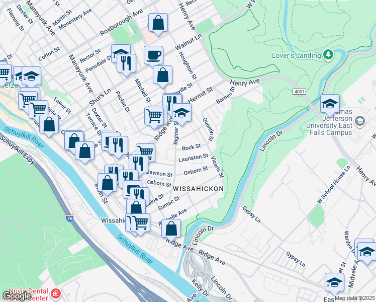 map of restaurants, bars, coffee shops, grocery stores, and more near 224 Rock Street in Philadelphia