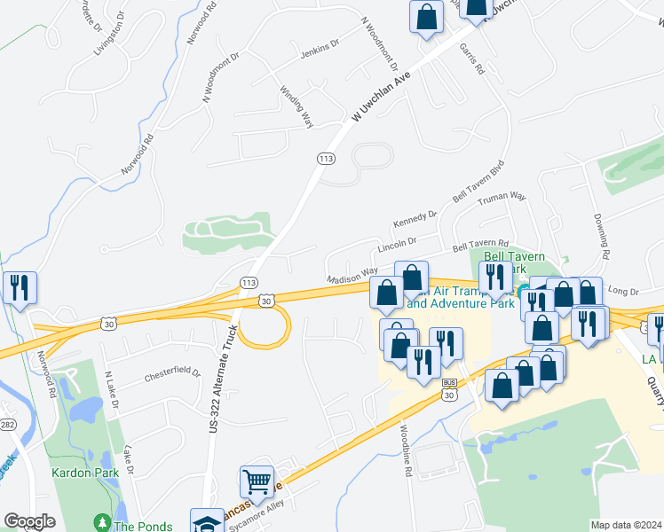 map of restaurants, bars, coffee shops, grocery stores, and more near 108 Madison Way in Downingtown