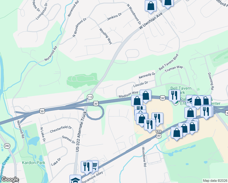 map of restaurants, bars, coffee shops, grocery stores, and more near 119 Madison Way in Downingtown