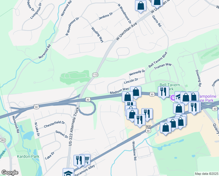 map of restaurants, bars, coffee shops, grocery stores, and more near 108 Madison Way in Downingtown