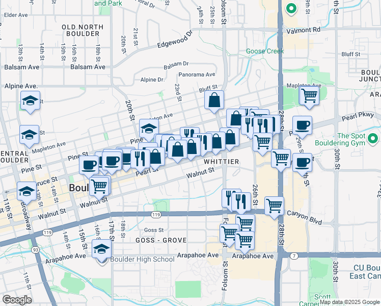 map of restaurants, bars, coffee shops, grocery stores, and more near 2076 23rd Street in Boulder