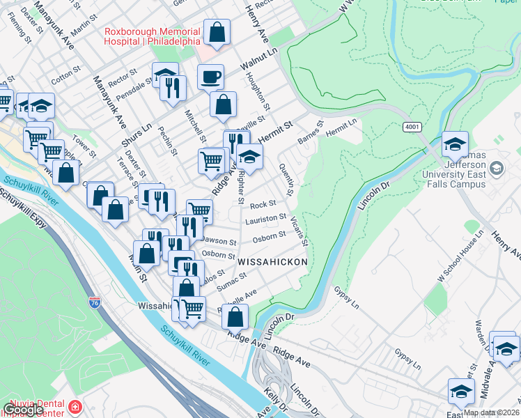 map of restaurants, bars, coffee shops, grocery stores, and more near 203 Rock Street in Philadelphia