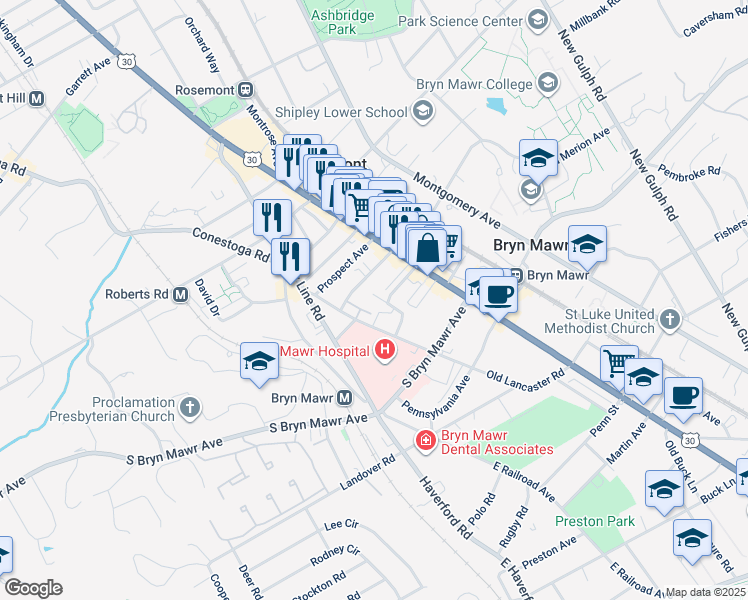map of restaurants, bars, coffee shops, grocery stores, and more near 854 Summit Grove Avenue in Bryn Mawr