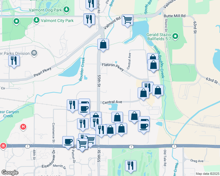 map of restaurants, bars, coffee shops, grocery stores, and more near 5541 Central Avenue in Boulder