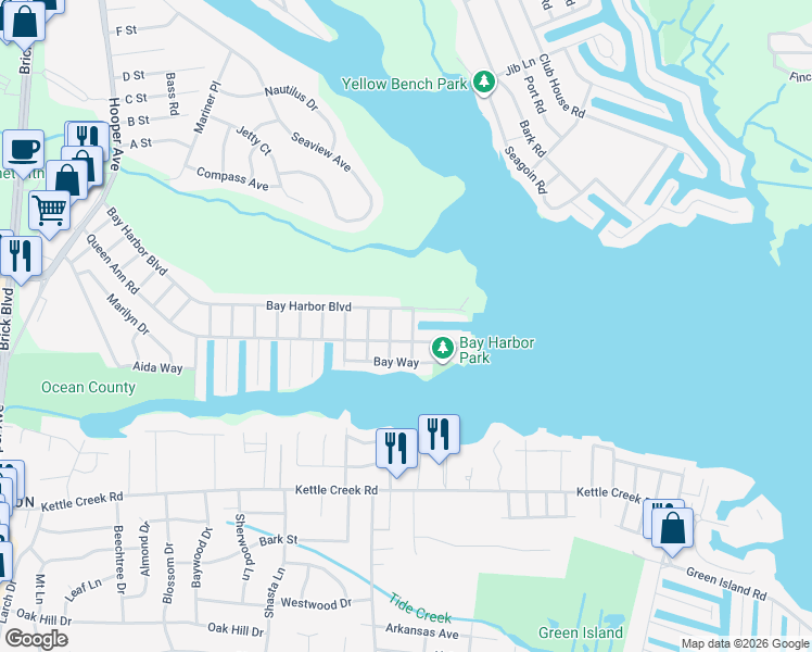 map of restaurants, bars, coffee shops, grocery stores, and more near 34 Blue Cedar Drive in Brick Township