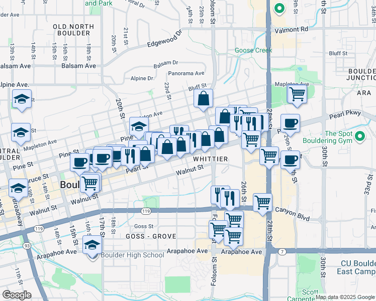map of restaurants, bars, coffee shops, grocery stores, and more near 2076 23rd Street in Boulder