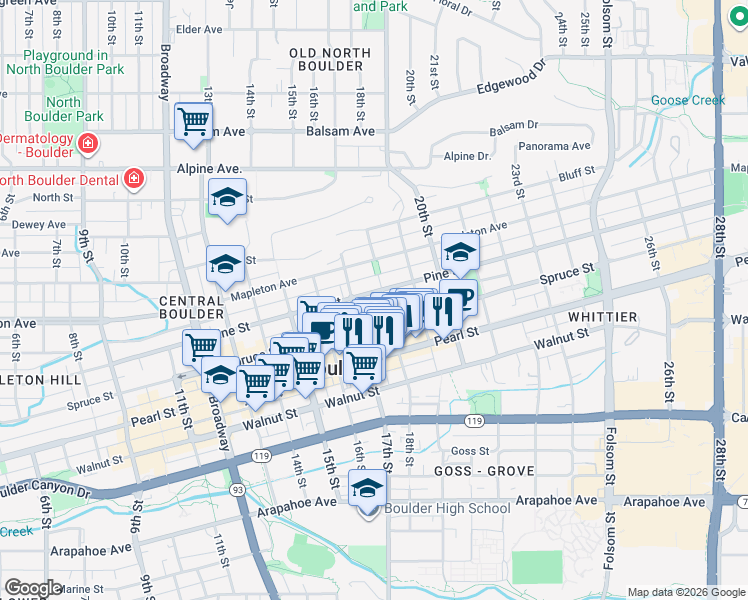 map of restaurants, bars, coffee shops, grocery stores, and more near 1746 Pine Street in Boulder
