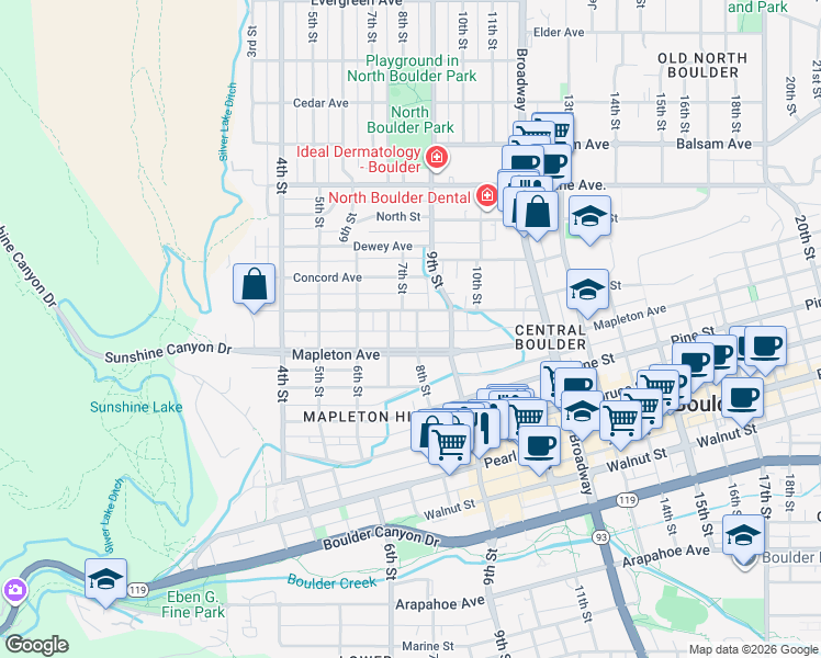 map of restaurants, bars, coffee shops, grocery stores, and more near 736 Maxwell Avenue in Boulder
