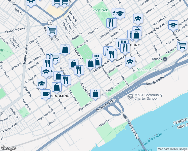 map of restaurants, bars, coffee shops, grocery stores, and more near 6409 Torresdale Avenue in Philadelphia