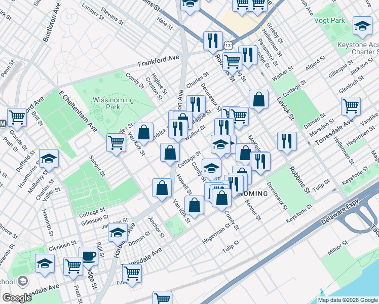 map of restaurants, bars, coffee shops, grocery stores, and more near 4322 Higbee Street in Philadelphia