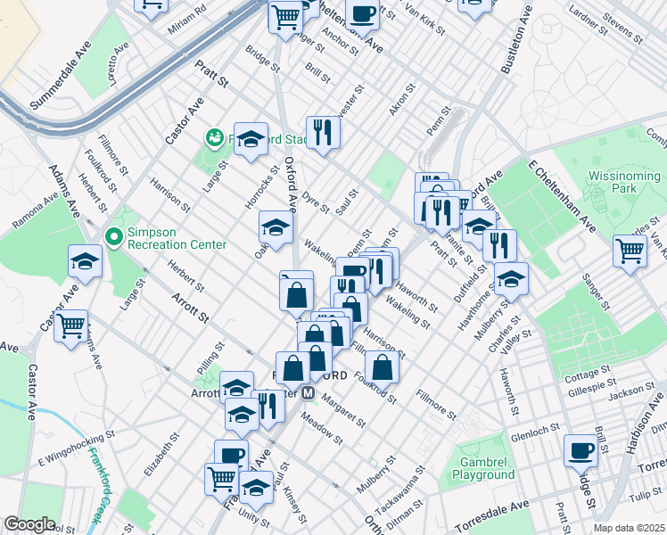 map of restaurants, bars, coffee shops, grocery stores, and more near 1337 Wakeling Street in Philadelphia
