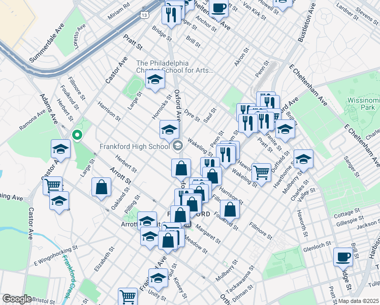 map of restaurants, bars, coffee shops, grocery stores, and more near 4924 Saul Street in Philadelphia