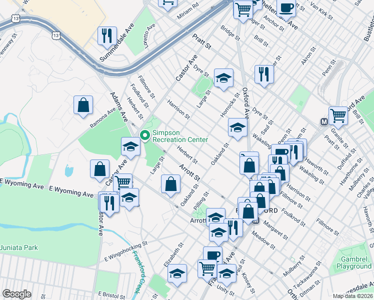 map of restaurants, bars, coffee shops, grocery stores, and more near 1119 Herbert Street in Philadelphia