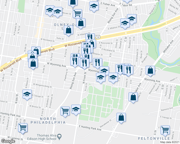 map of restaurants, bars, coffee shops, grocery stores, and more near 131 East Wyoming Avenue in Philadelphia