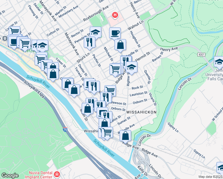 map of restaurants, bars, coffee shops, grocery stores, and more near 5318 Ridge Avenue in Philadelphia