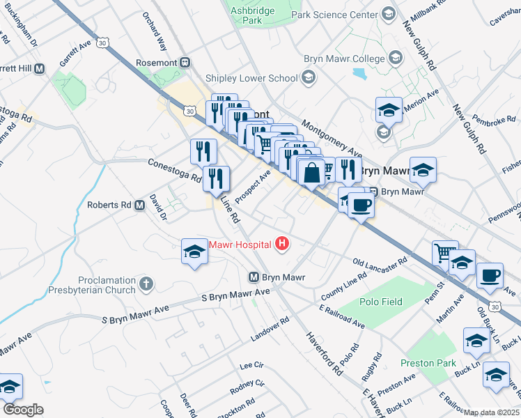 map of restaurants, bars, coffee shops, grocery stores, and more near 45 South Merion Avenue in Bryn Mawr