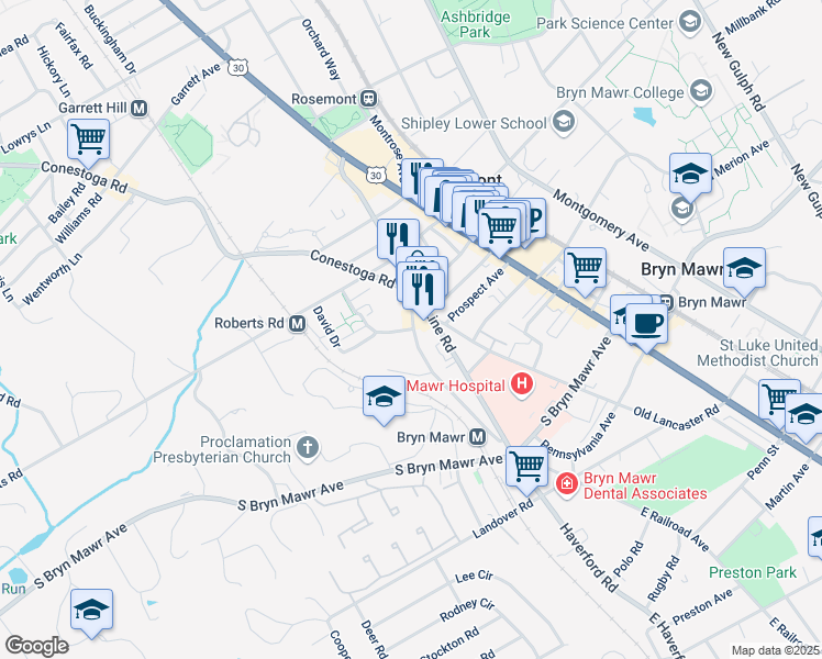 map of restaurants, bars, coffee shops, grocery stores, and more near 968 Glenbrook Avenue in Bryn Mawr