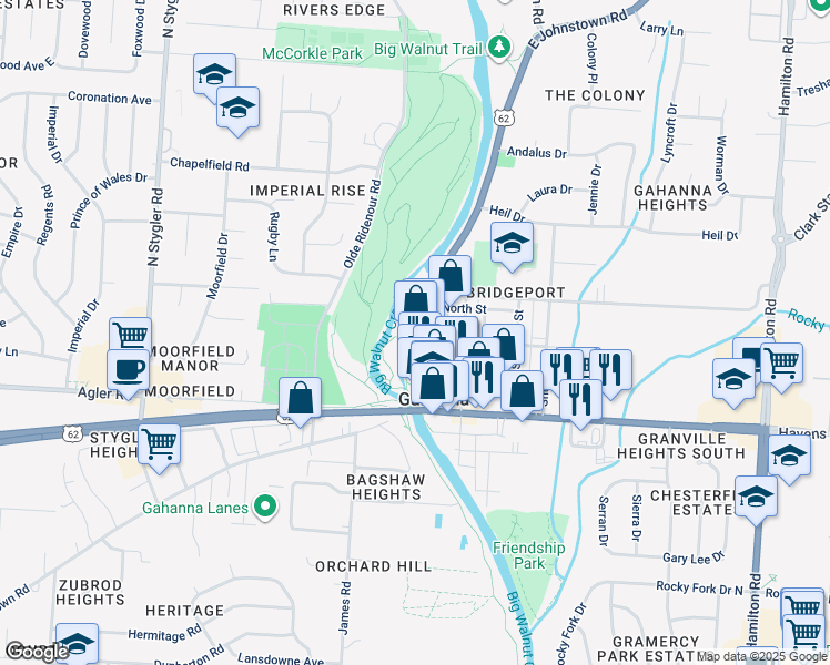 map of restaurants, bars, coffee shops, grocery stores, and more near 121 Mill Street in Gahanna