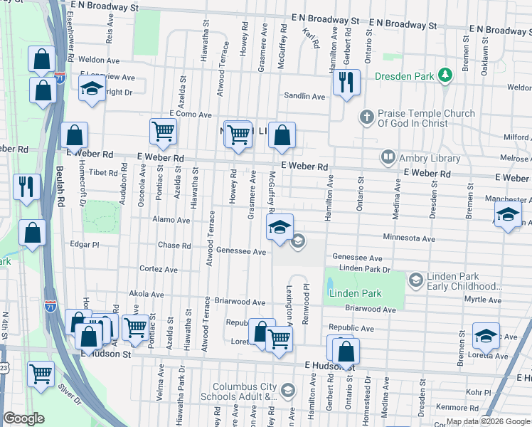map of restaurants, bars, coffee shops, grocery stores, and more near in Columbus