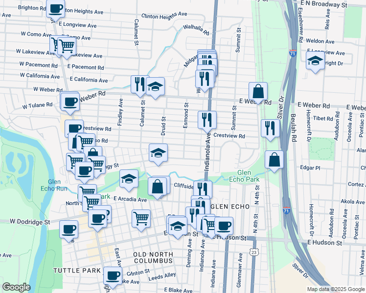 map of restaurants, bars, coffee shops, grocery stores, and more near 326 East Kelso Road in Columbus
