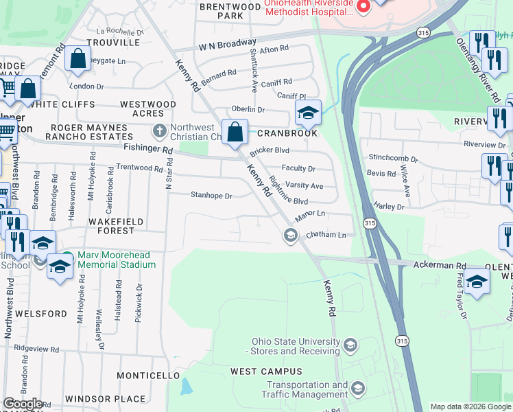 map of restaurants, bars, coffee shops, grocery stores, and more near 3066 Trentwood Road in Columbus