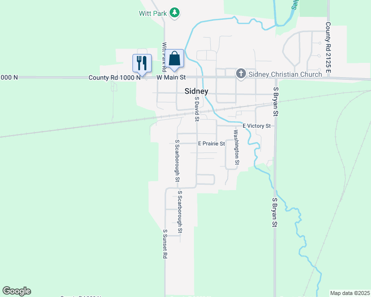 map of restaurants, bars, coffee shops, grocery stores, and more near 105 East Prairie Street in Sidney