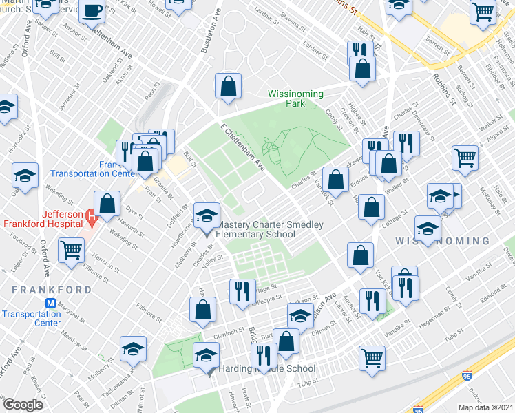 map of restaurants, bars, coffee shops, grocery stores, and more near 5398 Charles Street in Philadelphia