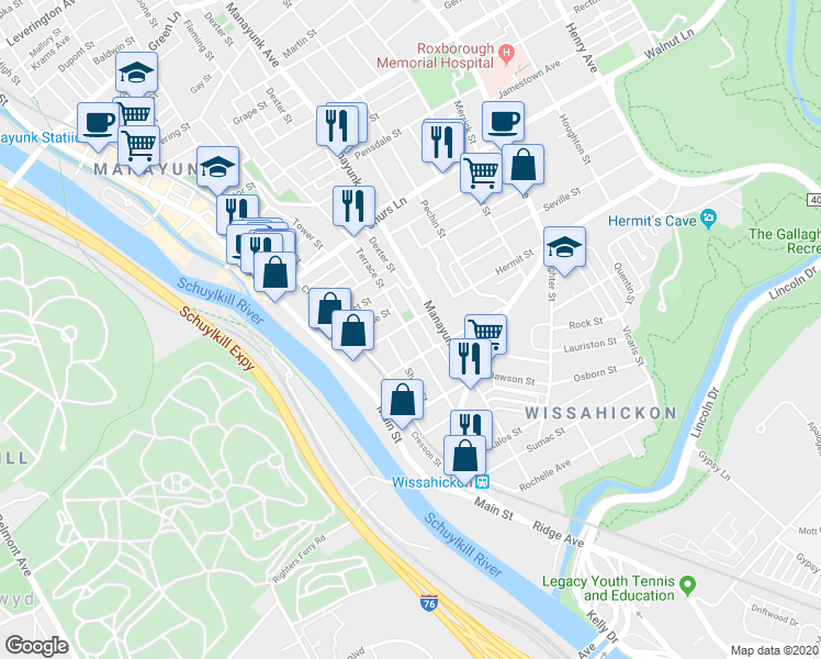 map of restaurants, bars, coffee shops, grocery stores, and more near 201 Hermit Street in Philadelphia
