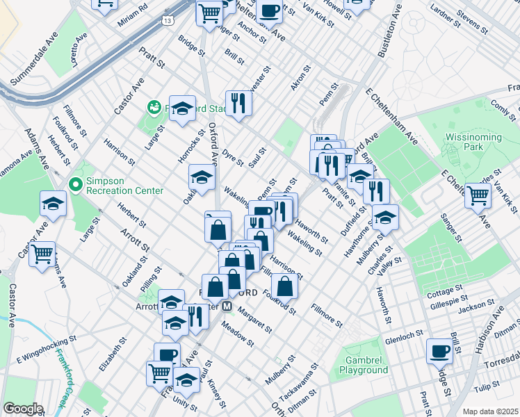 map of restaurants, bars, coffee shops, grocery stores, and more near 5003 Penn St in Philadelphia