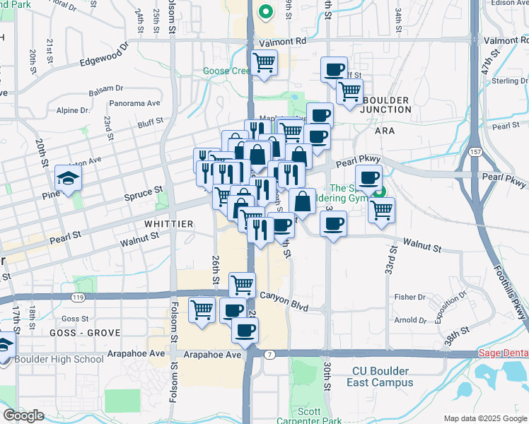 map of restaurants, bars, coffee shops, grocery stores, and more near 1964 28th Street in Boulder