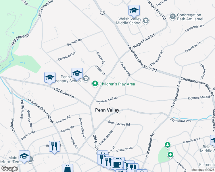 map of restaurants, bars, coffee shops, grocery stores, and more near 829 Hagys Ford Road in Penn Valley