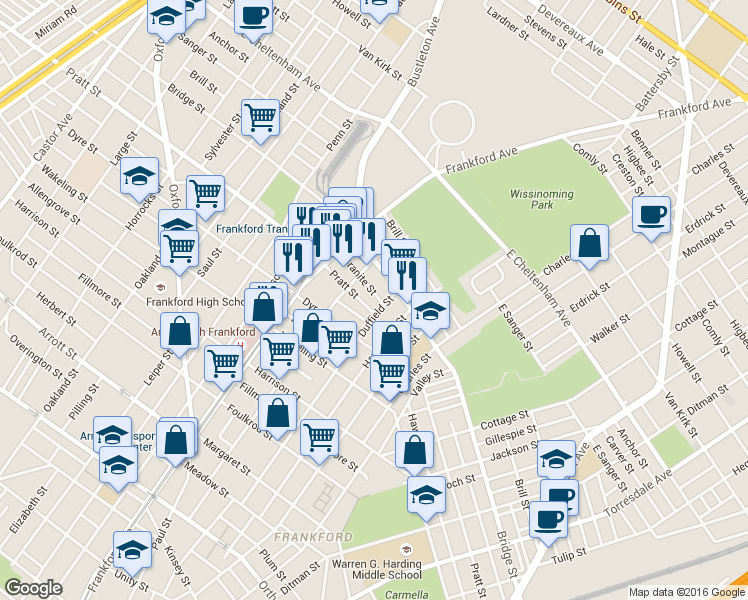 map of restaurants, bars, coffee shops, grocery stores, and more near 1672 Granite Street in Philadelphia