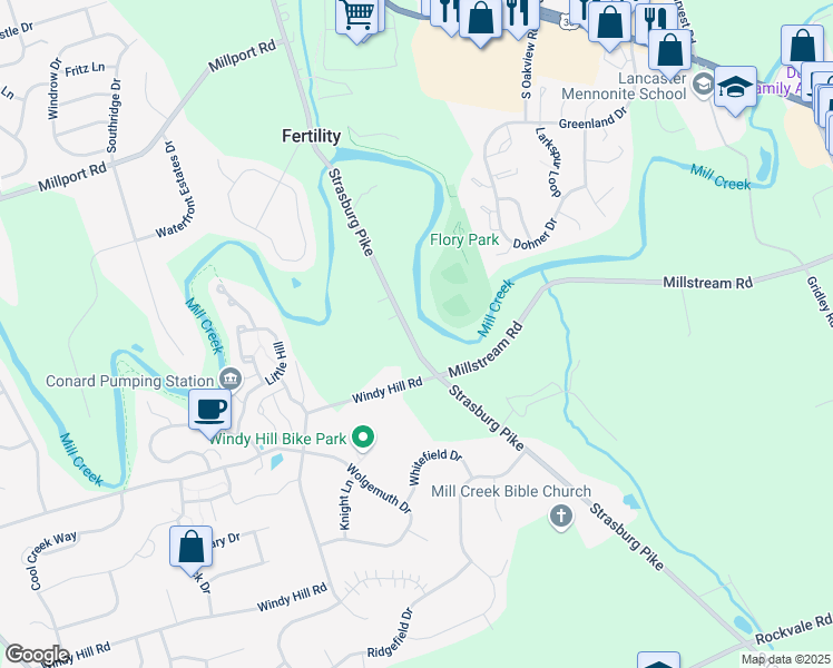 map of restaurants, bars, coffee shops, grocery stores, and more near 175 Strasburg Pike in Lancaster