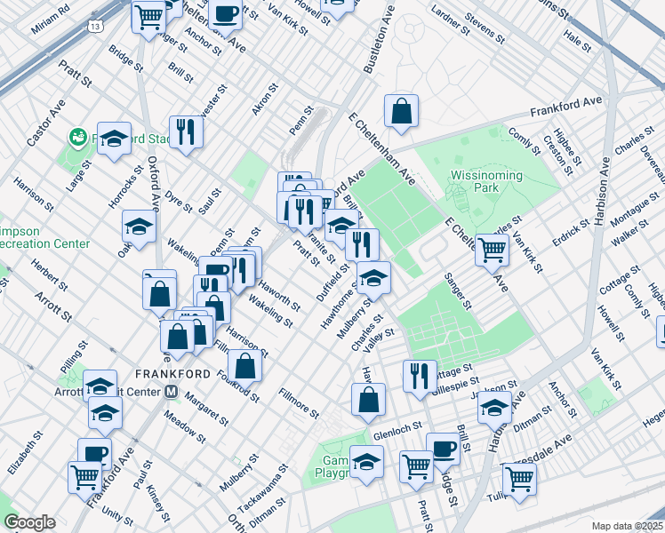 map of restaurants, bars, coffee shops, grocery stores, and more near 1672 Granite Street in Philadelphia